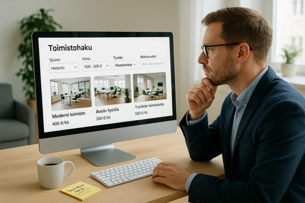 Yrittäjä suodattaa toimitilavaihtoehtoja tietokoneella valintatarpeidensa mukaan
